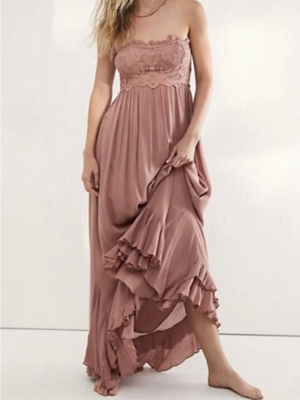 Free People Intimately Adella Strapless Corset Maxi Dress Mauve Pink Lace Boho